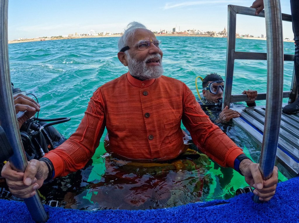 Prime Minister Modi submerges into the Arabian Sea to conduct an underwater puja